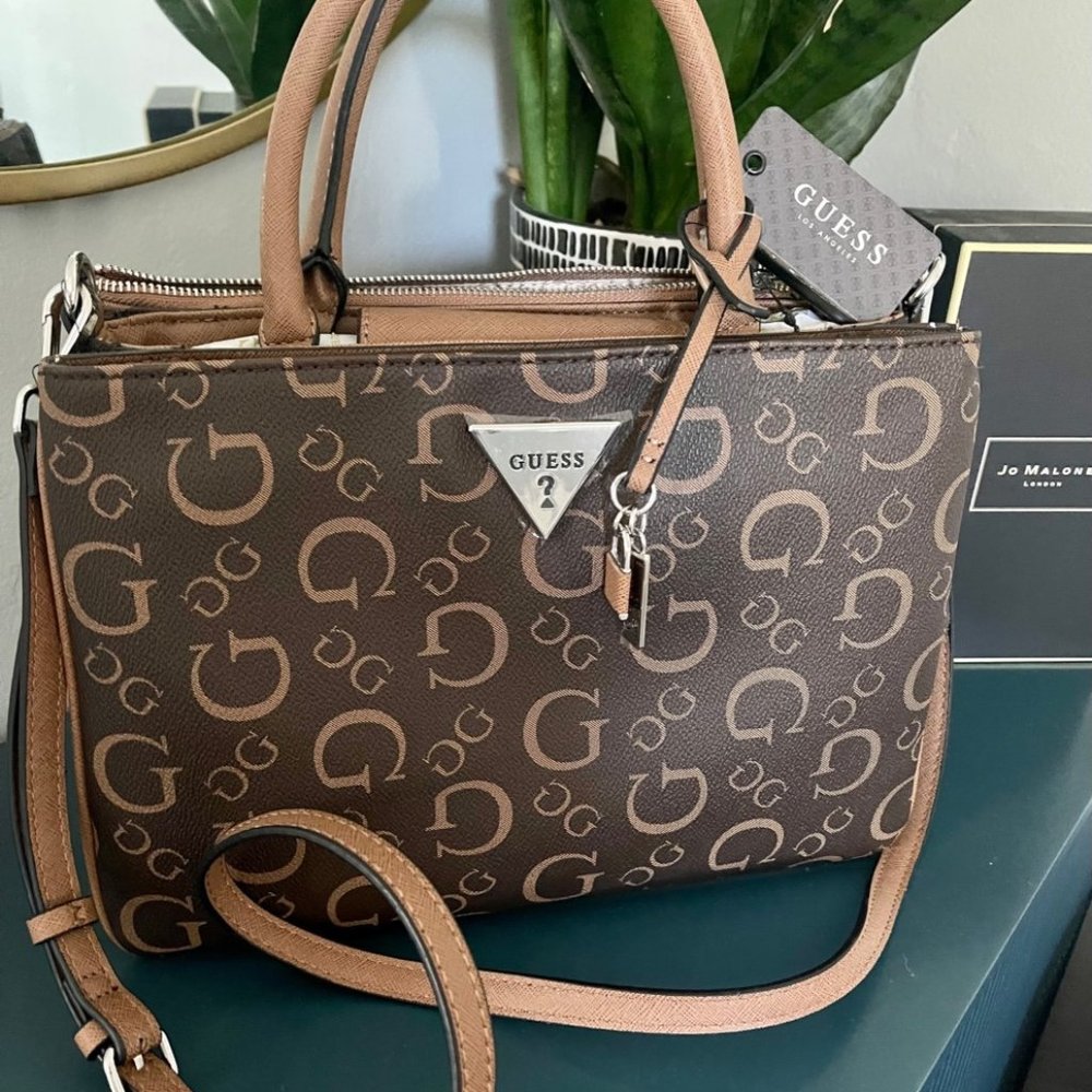 New GUESS bag handbag AZURE model Brown LOGO satchel tote AUTHENTIC